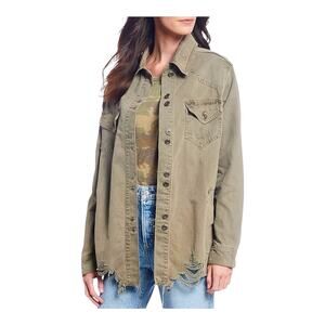 New Free People Moonchild Distressed Denim Shirt Jacket Army Green Womens Size M